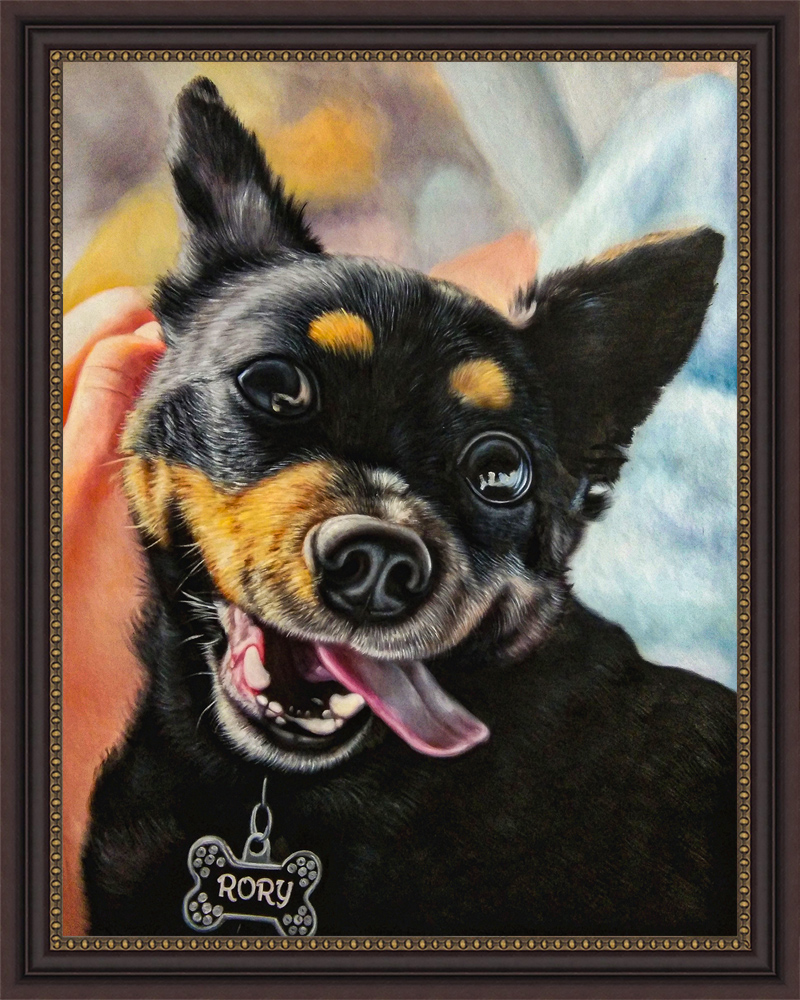 Oil painting of a happy black and tan chihuahua named Rory